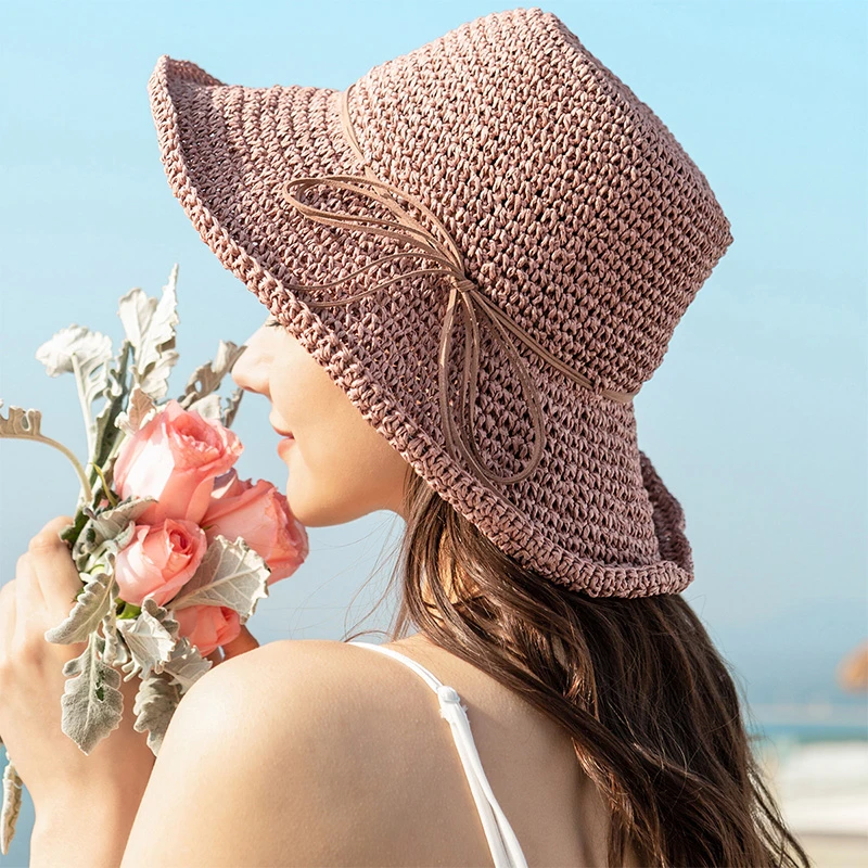 Simple Ladies Sun Hat For Women Bowknot Raffia Straw Hat Foldable Summer Hat Wide Brim Beach Hat Female Chapeau Femme