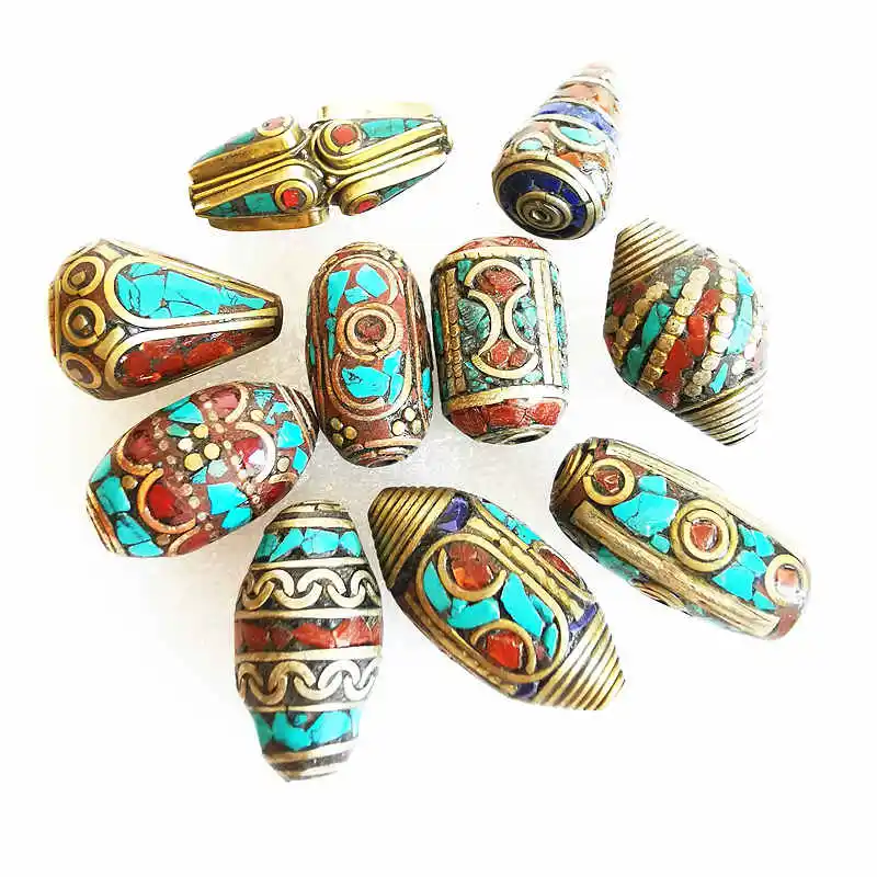 Mix 10PCS Nepal Handmade Beads Brass Inlaid Colorful Stone Big Long Beads Multi Figures NBB231