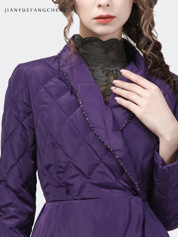 Chaqueta de plumón corta para mujer, abrigo ajustado con cuello de traje elegante, color púrpura, cálido, con cintura ligeramente ceñida, con cierre