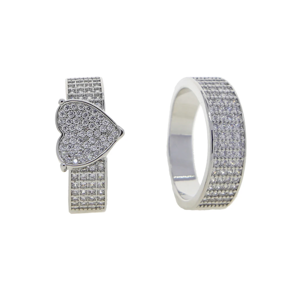 2025 New Arrive Wholesale Iced Out Bling 2pc/Set Ring For Lover Micro Pave Clear CZ Heart Shape Sparking Zirconia Wedding Ring