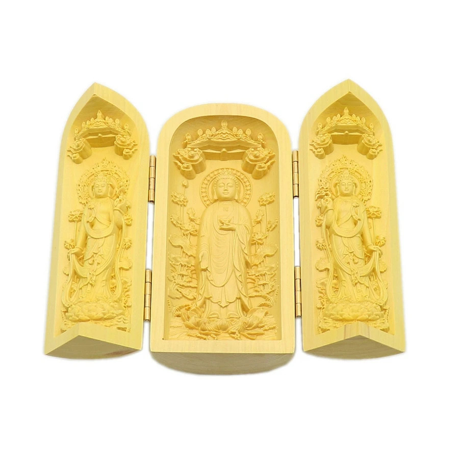 

Kwan Yin Buddha Shakyamuni Statue Boxwood Wood Carving Sculpture Fold Box Shrine