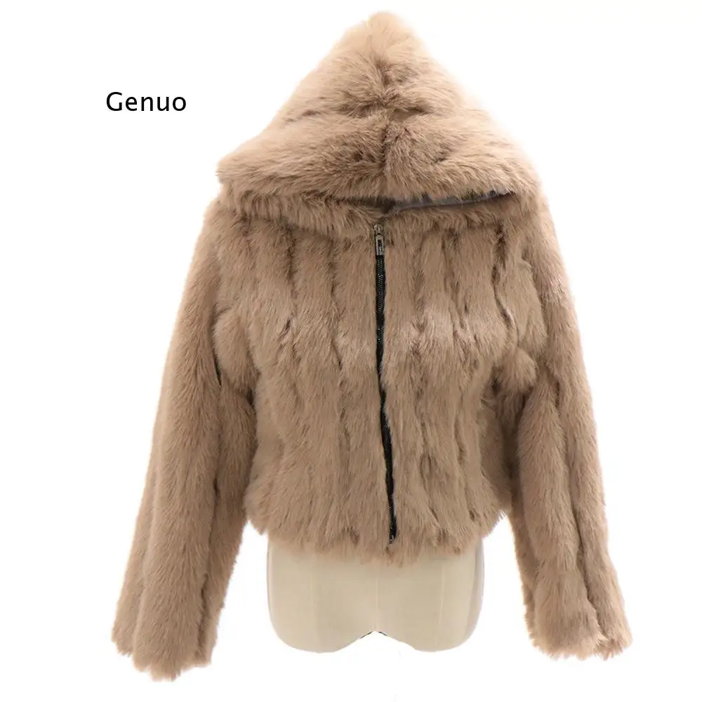 

Fashion Autumn Winter High Quality Faux Fox Fur Coat Women Vintage Long Sleeve with Cap Slim Short Jackets Furry Coat Femme