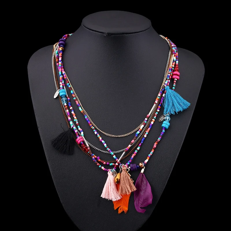 Bohemian Layers Necklaces Beads Tassel Long Ethnic Feather Statement Necklace For Women Jewelry Collar