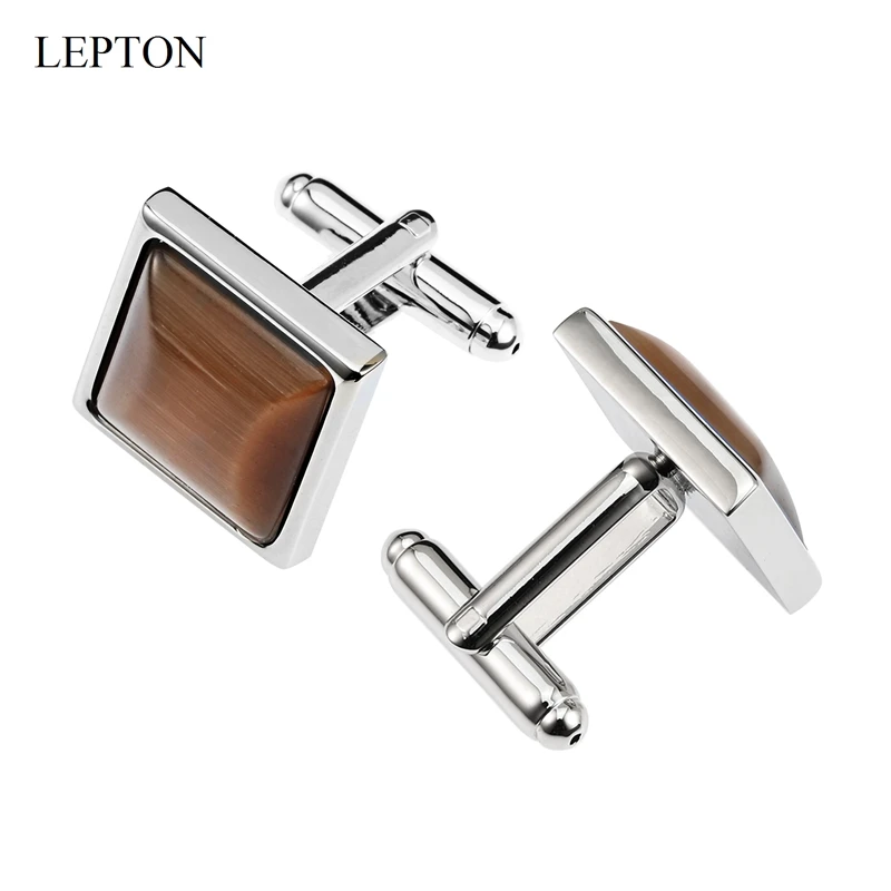 Low-key Luxury Brown Stone Cufflinks for Mens Lepton Square Silver Color Metal High Quality Man French Shirt Cuffs CuffLink