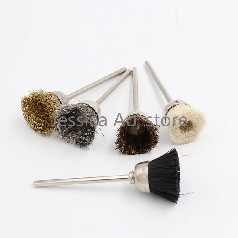 20pcs Mix Size 25mm Mini spazzola per lucidatura elettrica ornamenti spazzola per pulizia con gambo 3mm spazzola in tessuto di cotone lana filo di acciaio