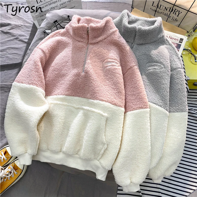 Women Stand Collar Hoodies Popular Soft Lambswool Patchwork Fashion Loose Casual Chic All-match Ulzzang Streetwear Warm Cozy