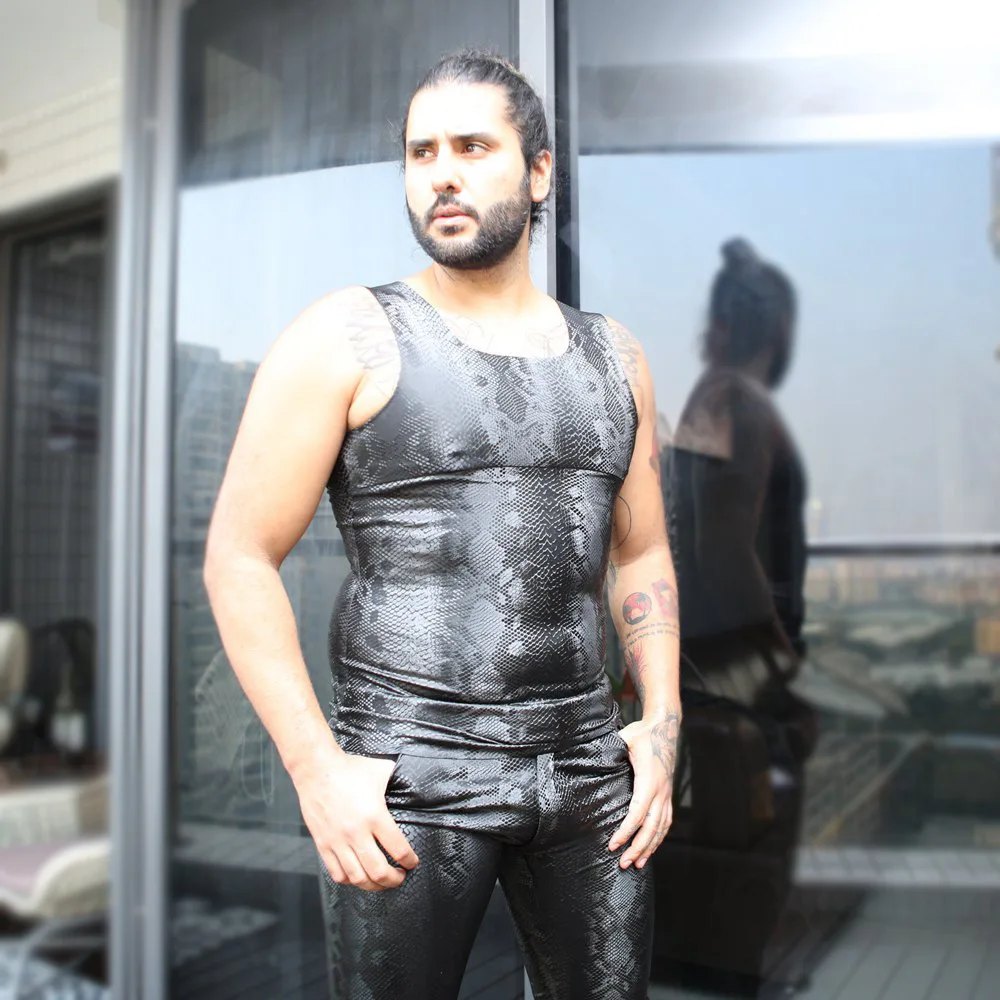 Men Sexy Low Neck Vest Tight Fitting Tank Top High Elastic Snake Print Chest Hollow Black Stylish