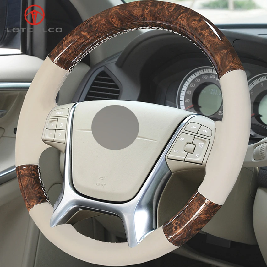 LQTENLEO Wood Grain Beige Genuine Leather Car Steering Wheel Cover For Volvo S80 S80L 2010-2015 XC60 2009-2013 XC70 2011