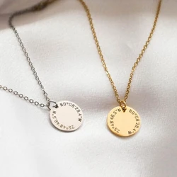 Coordinate Necklace Custom Engrave Name Date Stainless Steel Round Pendant Personalization Necklace Gift for Mother Daughter