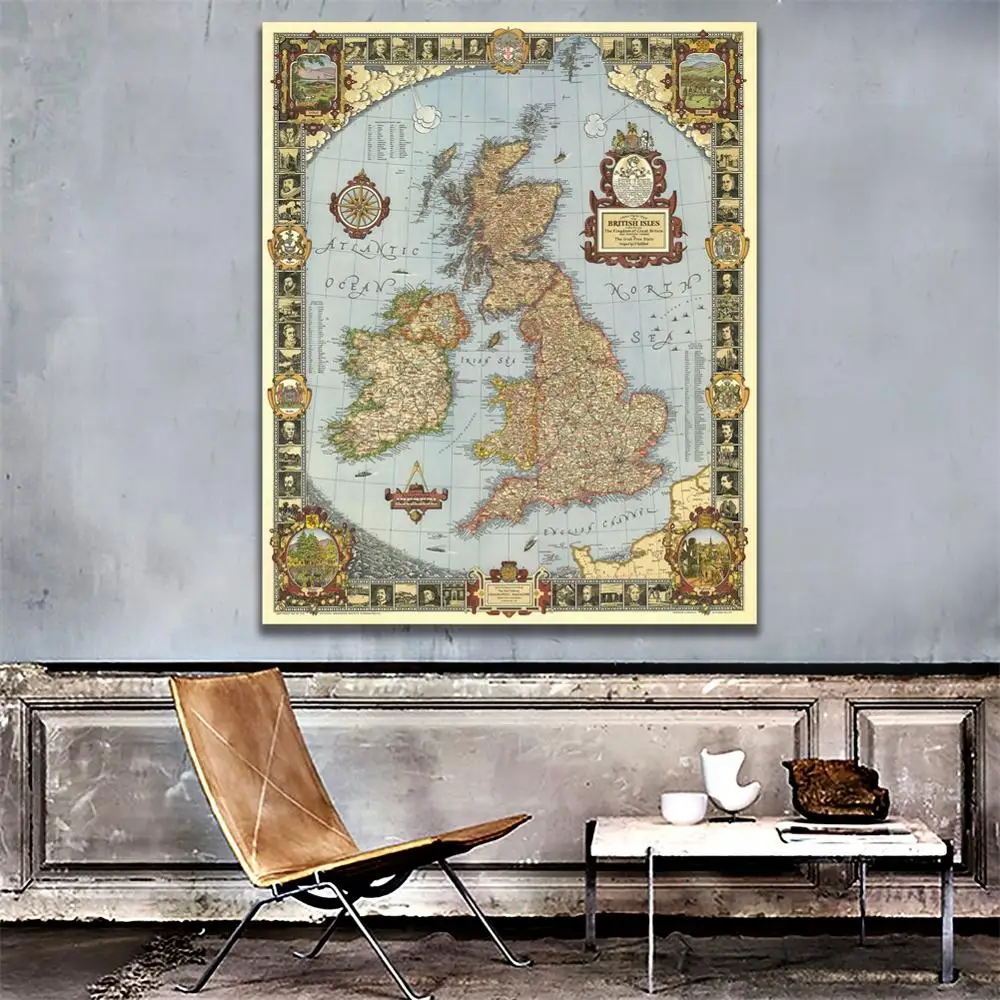 Tamanho a2 vintage kingdom of great uk mapa em 1937 hd, lona fina, decpr, mapa para sala de estar/sala de estudo, decoração da parede