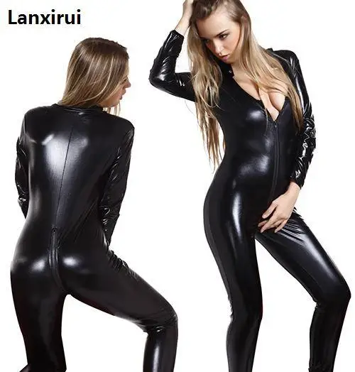 S -Xl Plus Size  New Women Black Faux Leather Jumpsuit Open Front Sexy Bodycon Women Leather Catsuit Leather Women Bodysuits