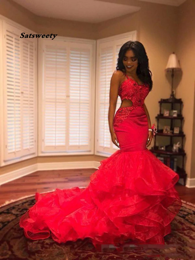 Hot Red African Black Girls Prom Dresses Party Wear Cutaway Lace Appliques Beads Tiered Mermaid Evening Party Gowns