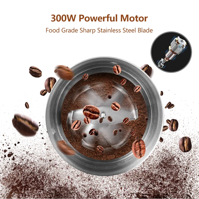 Coffart By BioloMix 2-in-1 Wet and Dry Double Cups 300W Electric Coffee Bean Grinder Stainless Steel Body and Miller Blades