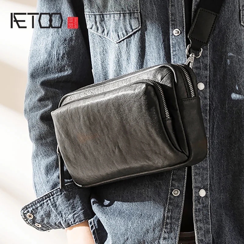 AETOO Leather men\'s trend slant bag, multi-functional head leather hand bag, large-capacity shoulder bag, casual small grab bag