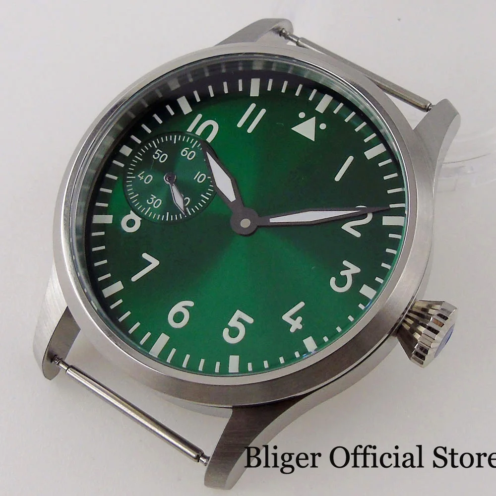 BLIGER fit ETA 6497 ST3600 Manual Brushed 42mm Watch Case Luminous Blue/Green/White Dial Hand Set