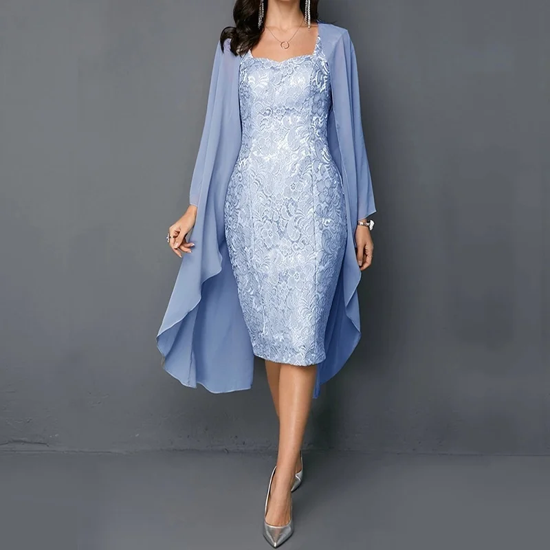 Vestidos de encaje de gasa para madre de la novia, chaqueta plateada, Vestido corto de fiesta de noche de boda, vestido Formal de invitados de talla grande para mujer