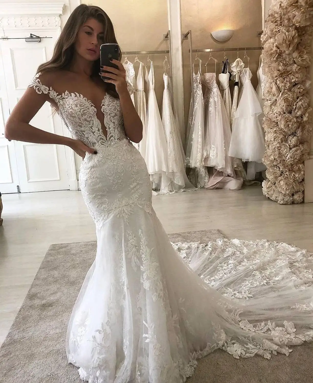 E jue shung sereia luxo vestidos de casamento boné mangas rendas apliques vestidos de noiva longo trem robe de mariee