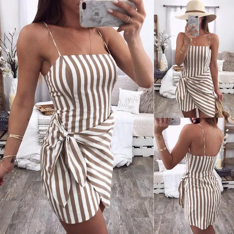 2021 vestido de verão feminino suspensórios dois usam bainha irregular listrado halter vestido de praia com nós