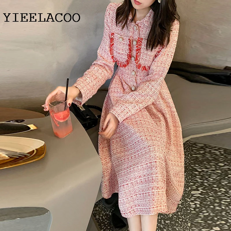 Small fragrance dress long-sleeved women\'s autumn 2021 new style  waist a-line retro big swing  dress light blue One-piece dress