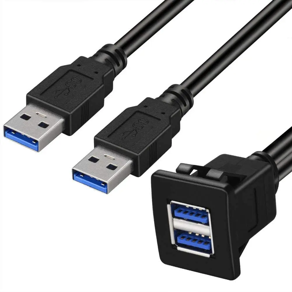 Dual Ports Square USB 3.0 Panel Flush Mount Extension Cable with Buckle for Car Truck Boat Motorcycle Dashboard 3ft