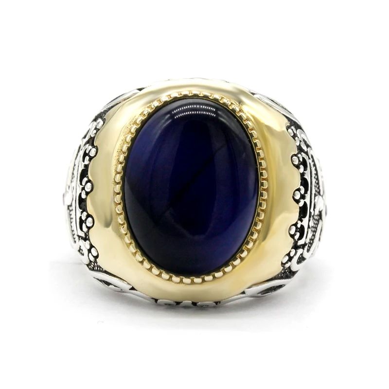 Vintage Antique Silver Color Rings Blue Tiger\'s Eye Opal Stone Carve for Women Men Bohemian Jewelry Halloween Man Finger Rings