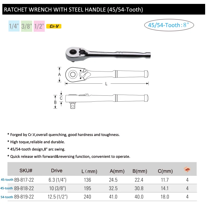 Stanley 1pcs Professional 1/4 3/8 1/2 Ratchet Wrench Spanner Mechanical Workshop Tools Wrenches for Socket Garage Auto Bicycle