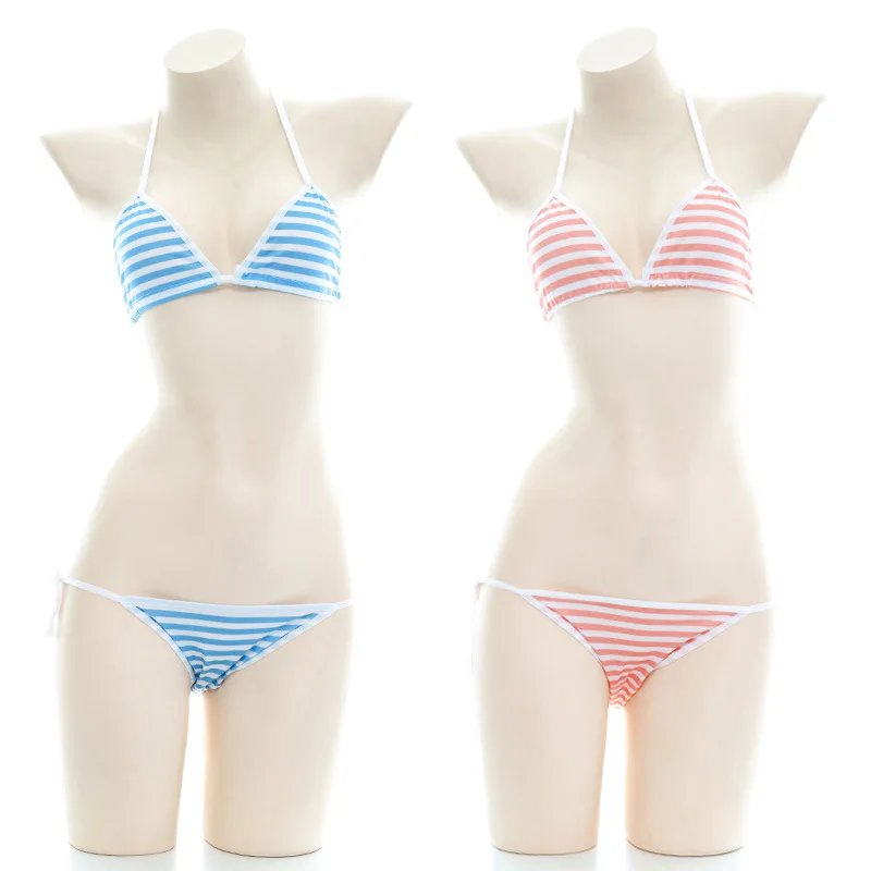 

Women's Micro Bikinis Suit Swimsuits Sexy Stripe Color School Student Swimwear Bandage Bra Panty Set Beachwear Bathing Clothing