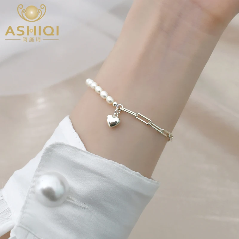 ASHIQI Natural freshwater pearl 925 sterling silver stitching Bracelet  jewelry for women