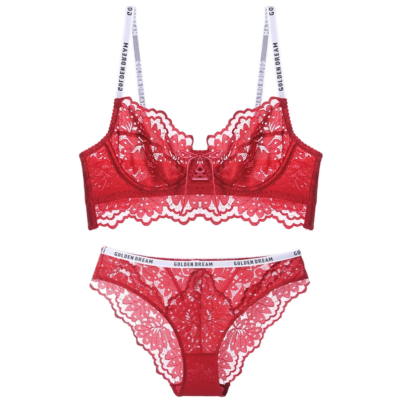 

Red Bandage Sexy Lingerie Women Bra And Panty Sets Plus Size Push Up Transparent Brassiere Embroidery Lace Underwear A B C D Cup