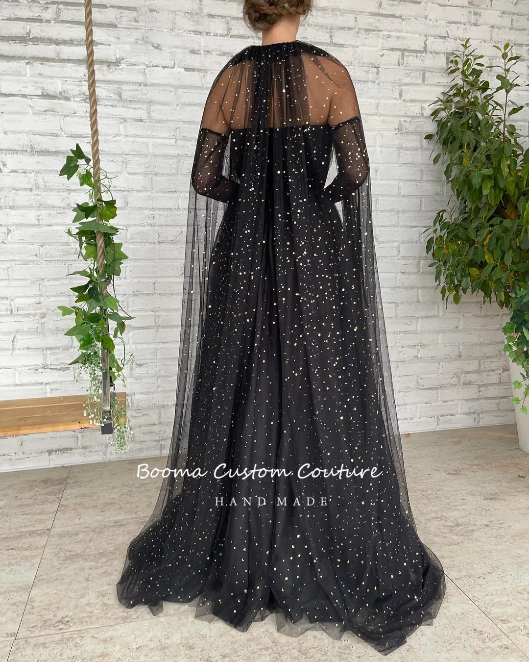 Booma elegante preto estrelado tule vestidos de baile com capa 2022 strapless a line maxi vestidos de festa longos vestidos de noite formais