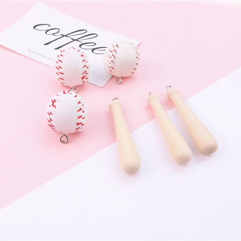 6pcs/lot Resin Baseball and Wooden Stick Charms Fit Fashion Jewelry Earring Keychain Making Floating Sports Pendants Handmade