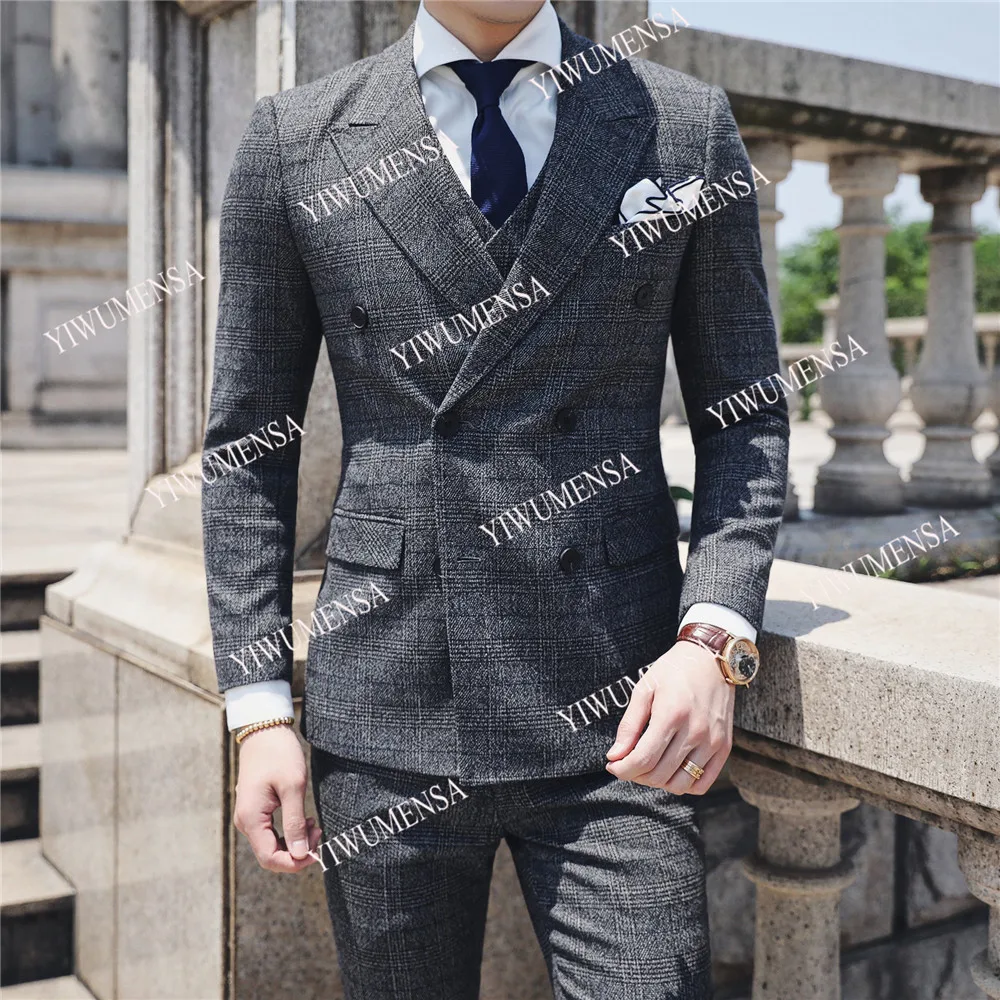 Double Breasted Business Suit Men Grey Plaid Checked Jacket Pants 2 Pieces Banquet Evening Party Wedding Tuxedos Plus Size Dress