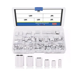 210Pcs 6 Size Aluminum Double Barrel Ferrule Crimping Loop Sleeve for Wire Rope and Cable Line End Assortment Kit