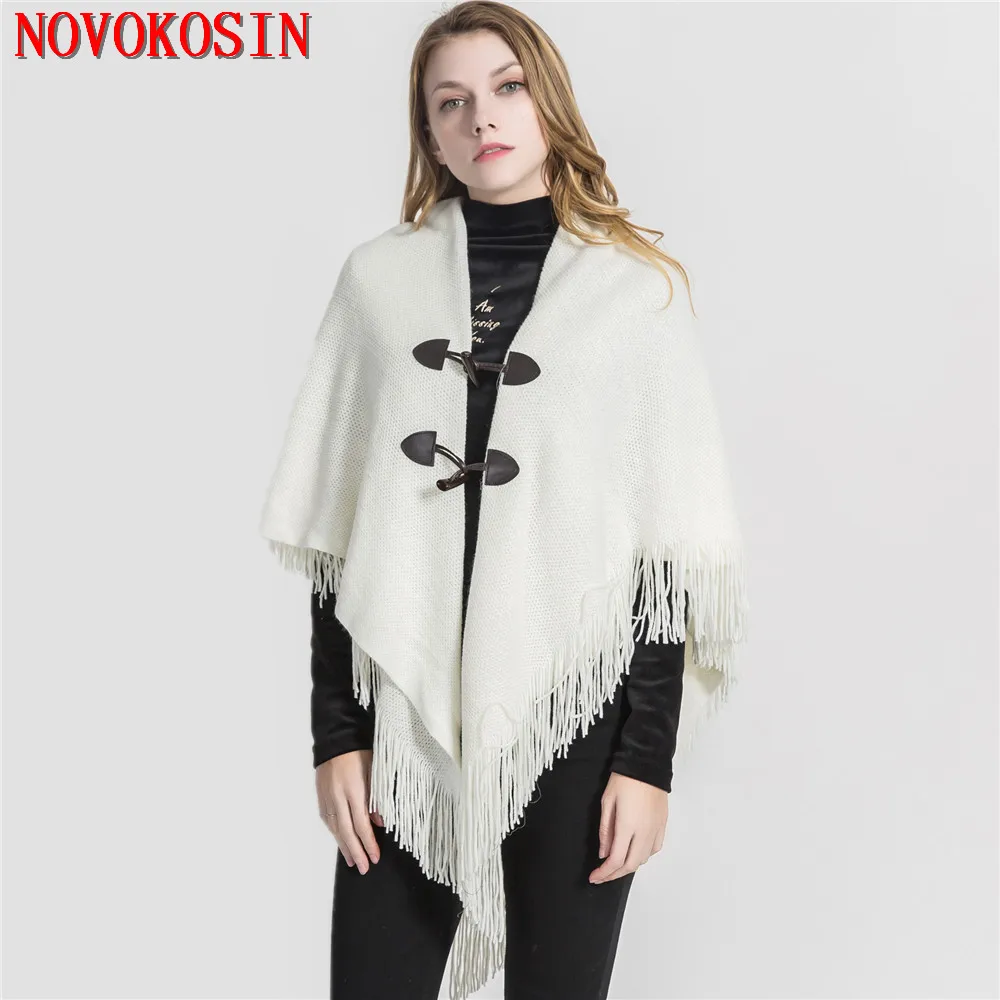 

9 Color 2 Layers Women Out Street Knits Horn Buckle Knitwear Loose Cape Autumn Triangle Poncho Female Tassel Long Sweater Shawl