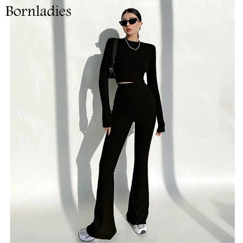 Bornladies 2022 Slim Sweater Tracksuits Short Jumpers & Elastic Waist Full Length Flare Pants Female Skinny Knitted 2 Pieces Set