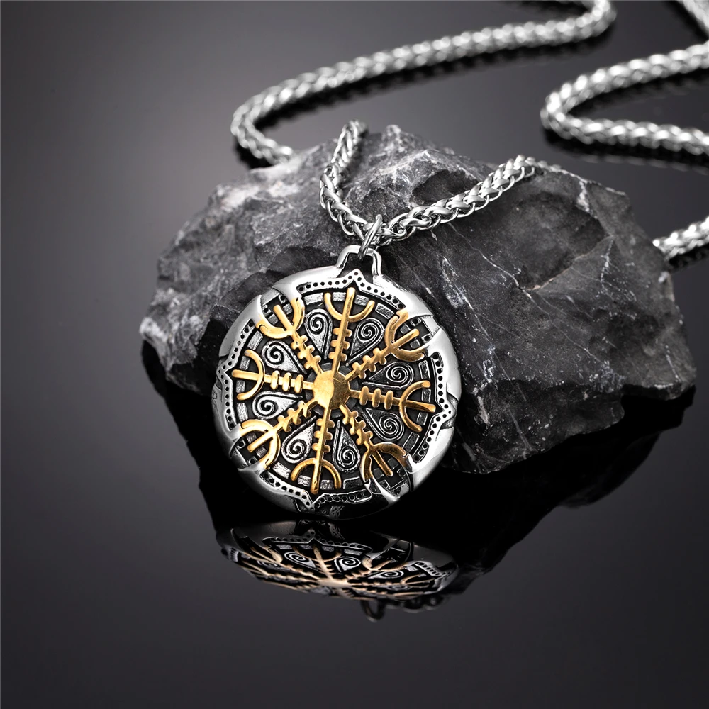 Nordische Runen Vegvisir Kompass-Halskette für Männer, verblasst nie, Edelstahl, Wikinger-Dreizack-Amulett-Anhänger, isländischer Vintage-Schmuck – Detail 6