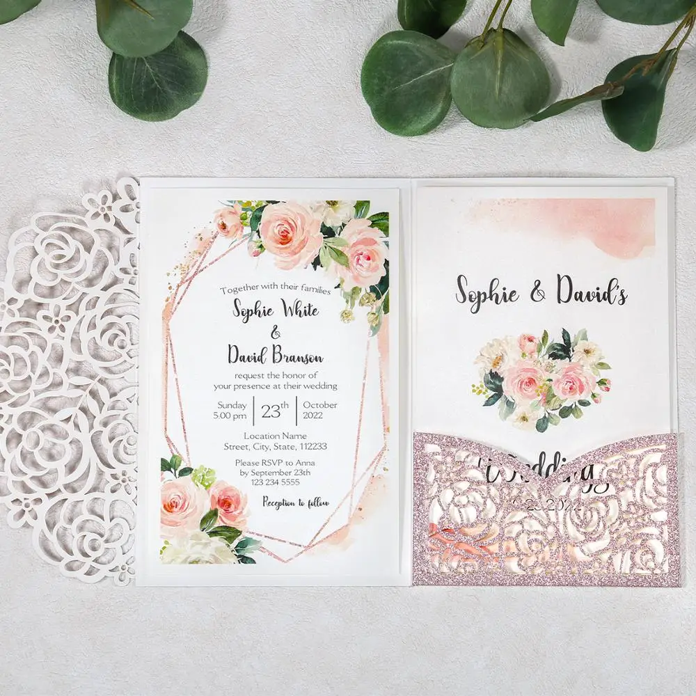 100pcs Rose Gold Laser Cut Hollow Wedding Invitations Cards with Rose Pockets and Envelopes for Wedding/Quinceanera/Birthday