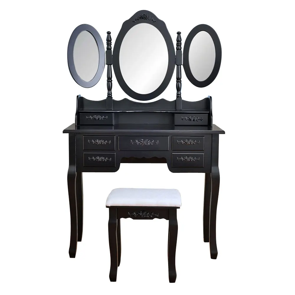 Dresser Foldable 3 Mirrors with 7 Drawers Dressing Table Black[US-W]