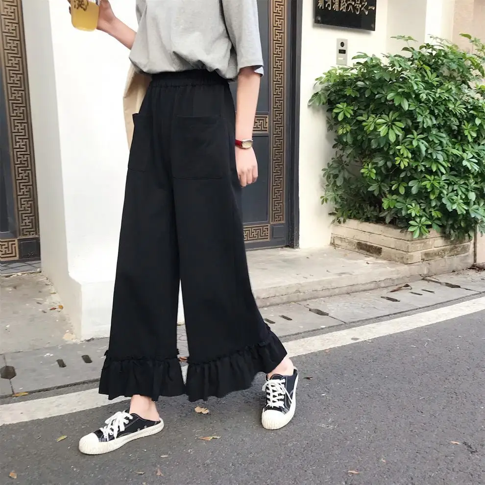 Pants Women Summer Loose Solid Color Female Wide Leg Sweet Japanese Style High Waist Ruffles Chic Leisure Daily Breathable Girls