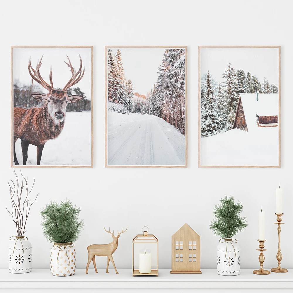 

Winter Snow Pine Forest Deer Squirrel House Wall Art Canvas Painting Nordic Posters And Prints Wall Pictures For Living Room