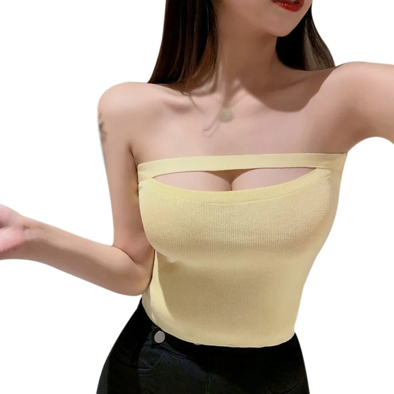  Women Hole Cropped Shirt Solid Ruffles Sexy Slim Exposed Navel Knitted Crop Top Elastic Slim Women Knitted Tube Top