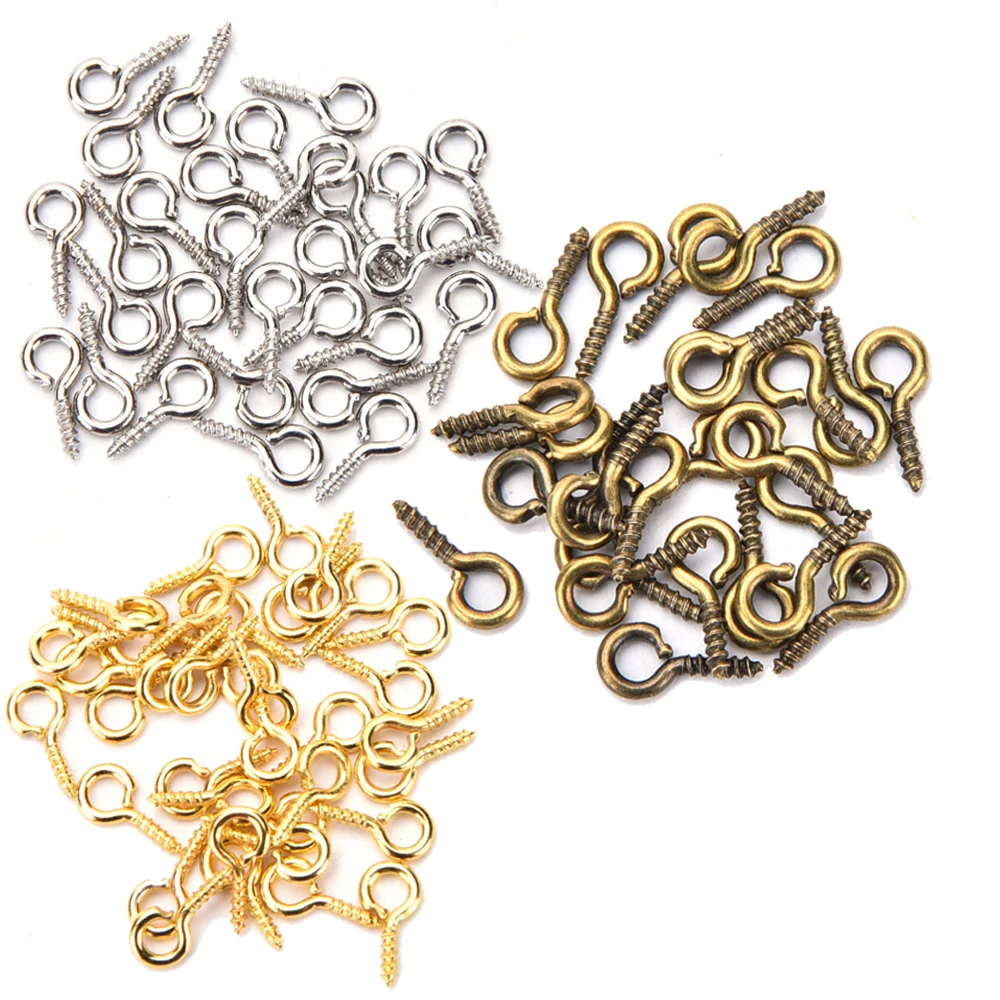 Mini Threaded Metal Eye Pins, Ganchos, Ilhós, Parafuso, Fechos, Jóias Fazendo Acessórios, DIY, 8mm, 10mm, 100Pcs