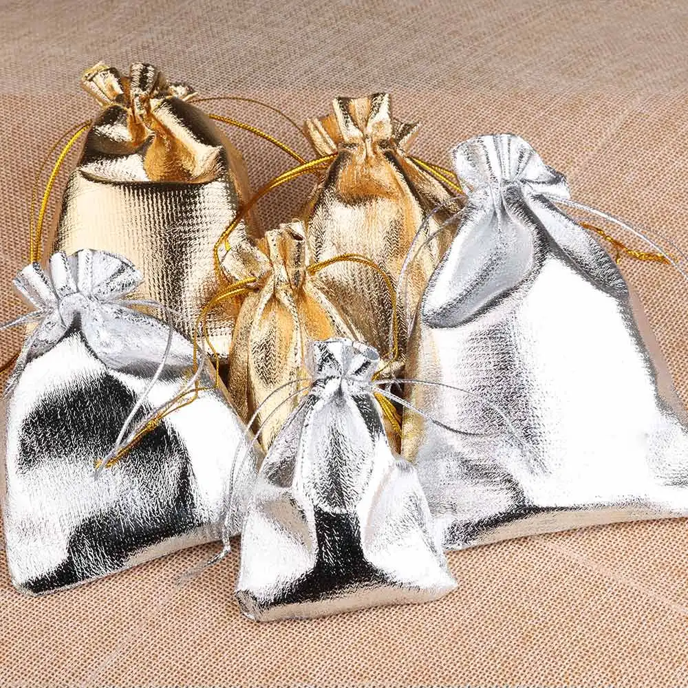 25/50pcs/lot 7x9 9x12 10x15cm Gift Bag Gold Color Foil Jewelry Bag Drawstring Pouches Christmas Party Wedding Gift Candy Bags