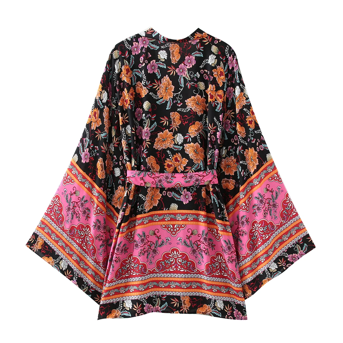 Bohemian Women Colored Pink Flower Print Kimono Shirt Holiday Beach Tie Bow Sashes Mid Long Cardigan Blouse BOHO Tops