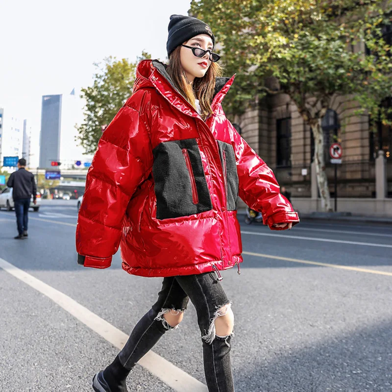 Glossy Cotton Coat Women Parka Short Jacket Coat 2024 Fashion New Thick Cotton Clothes Loose Bread Hooded Winter Coat Women Top