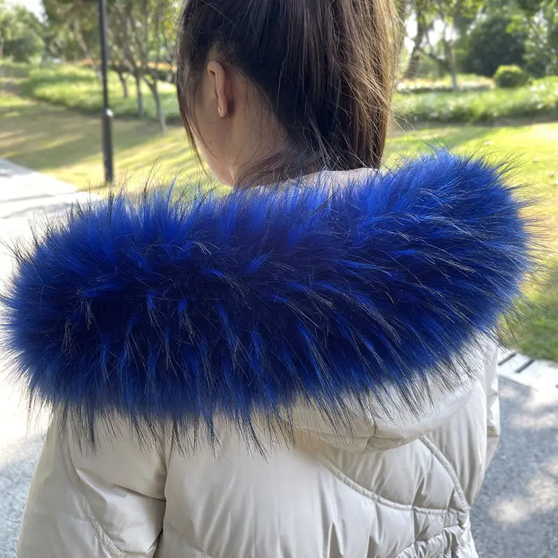 Faux Fur Collar For Parkas Coats luxury Warm Fox Raccoon Scarf Women Large Scarves Male Down jacket Fur Collar Fabric Soft Blue