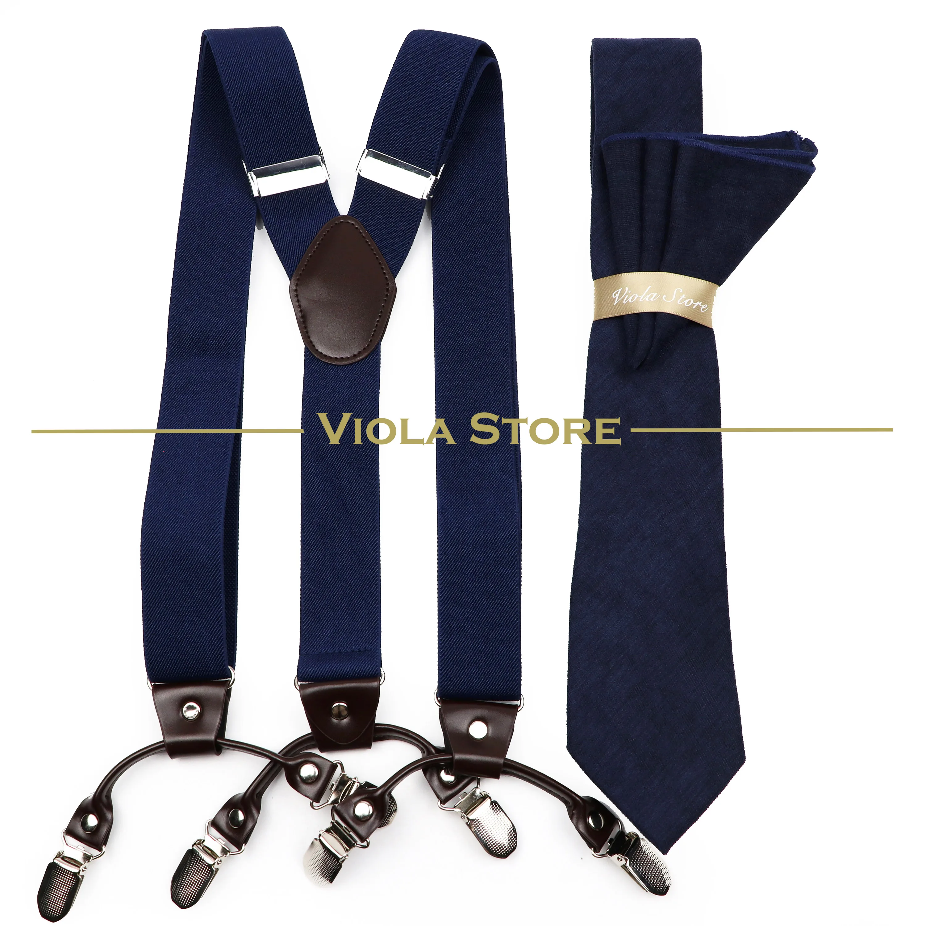 6 Clips 3.5cm Width Wide Men Suspender 7cm Velvet Neckie Hankie Sets Solid Brace Navy Red Luxury Strap Male Gift Accessory Top