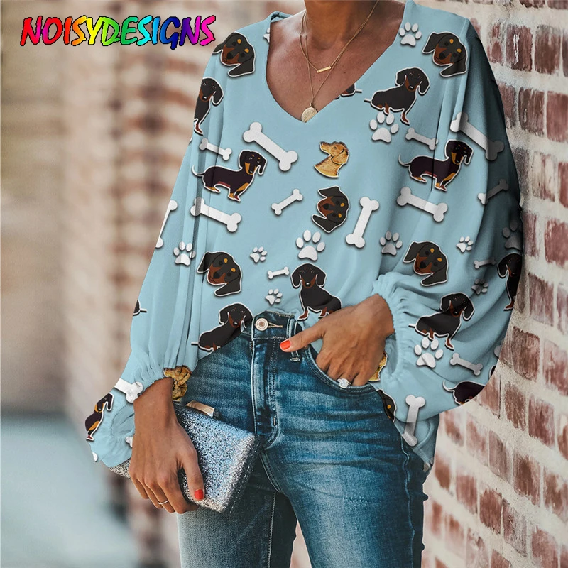 

NOISYDESIGNS Cute Blue Dachshund And Bone Printing Women Tops Ladies Casual Loose V-Neck Blouse Lartern Sleeve Femine Clothing