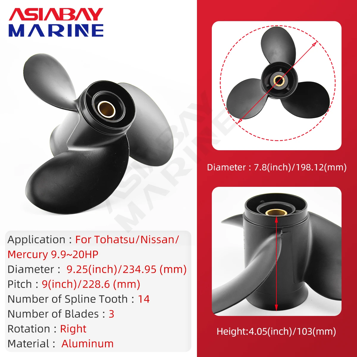 48-897750A11 Marine Propeller For Tohatsu Mercury 9.9 15 20 HP 9.25 * 9  Aluminum Alloy Screw 14 Spline Outboard Accessories