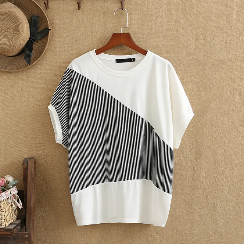 Plus Size T Shirts Summer Tops Short Oversized Sleeves 0-Neck Elastic Knitted Fabric Triangle Splicing Bat Sleeves T Shirts